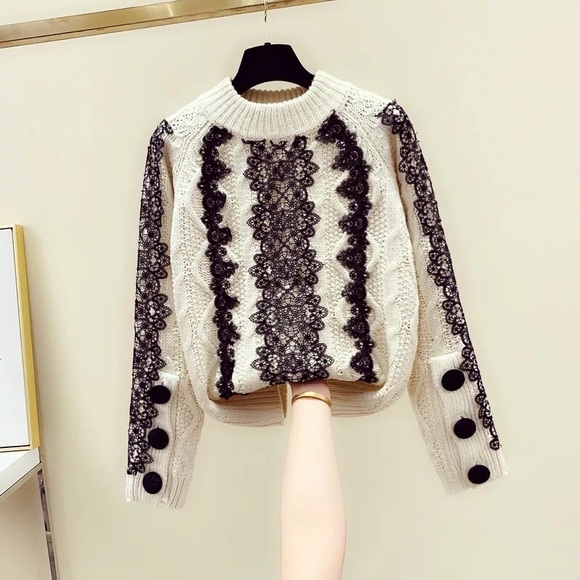Chunky lace knit sweater button cream beige black lace long sleeve winter - Picture 2 of 5